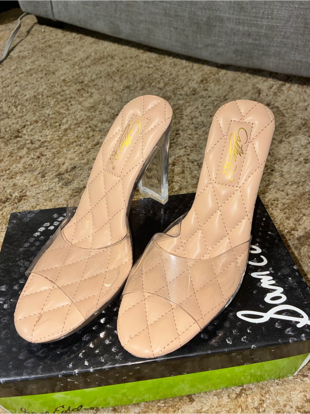 Cathy Daniels Nude Quilted Insole Clear Strap Block Heel Sandals